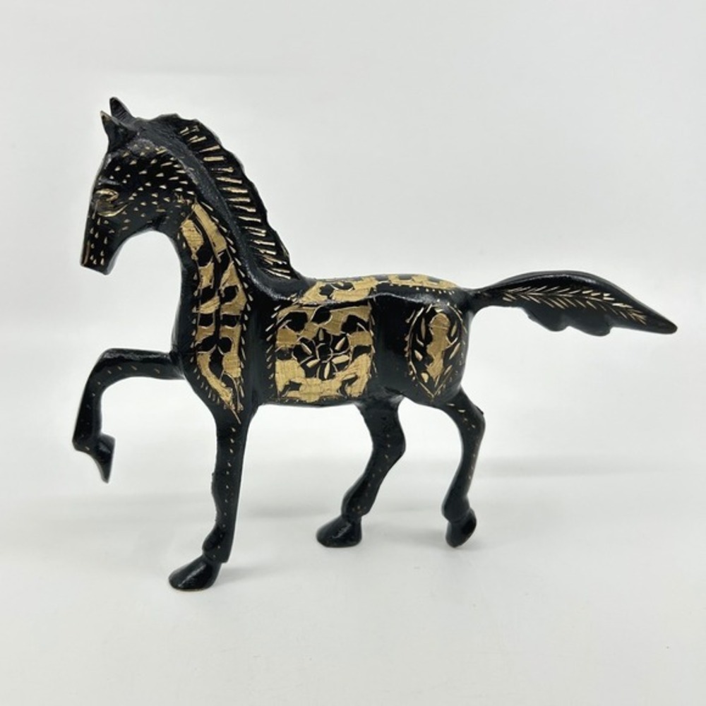 Vintage Brass Horse Sculpture Etched Black Painted Figurine Boho Decor